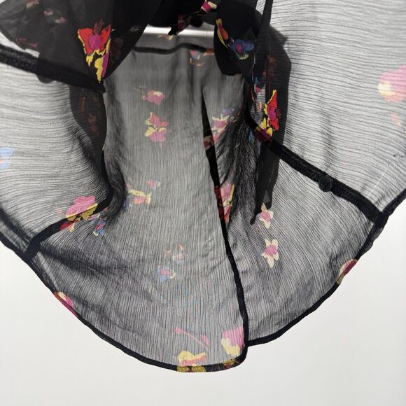 Attention Black Multi Floral Sheer Button Blouse Top Bow Tie Size XS - Picture 4 of 8